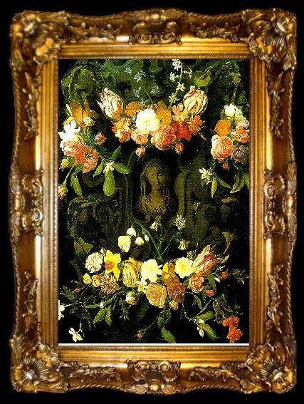 framed  Daniel Seghers blomsterprytt stenornament med mariabyst, ta009-2